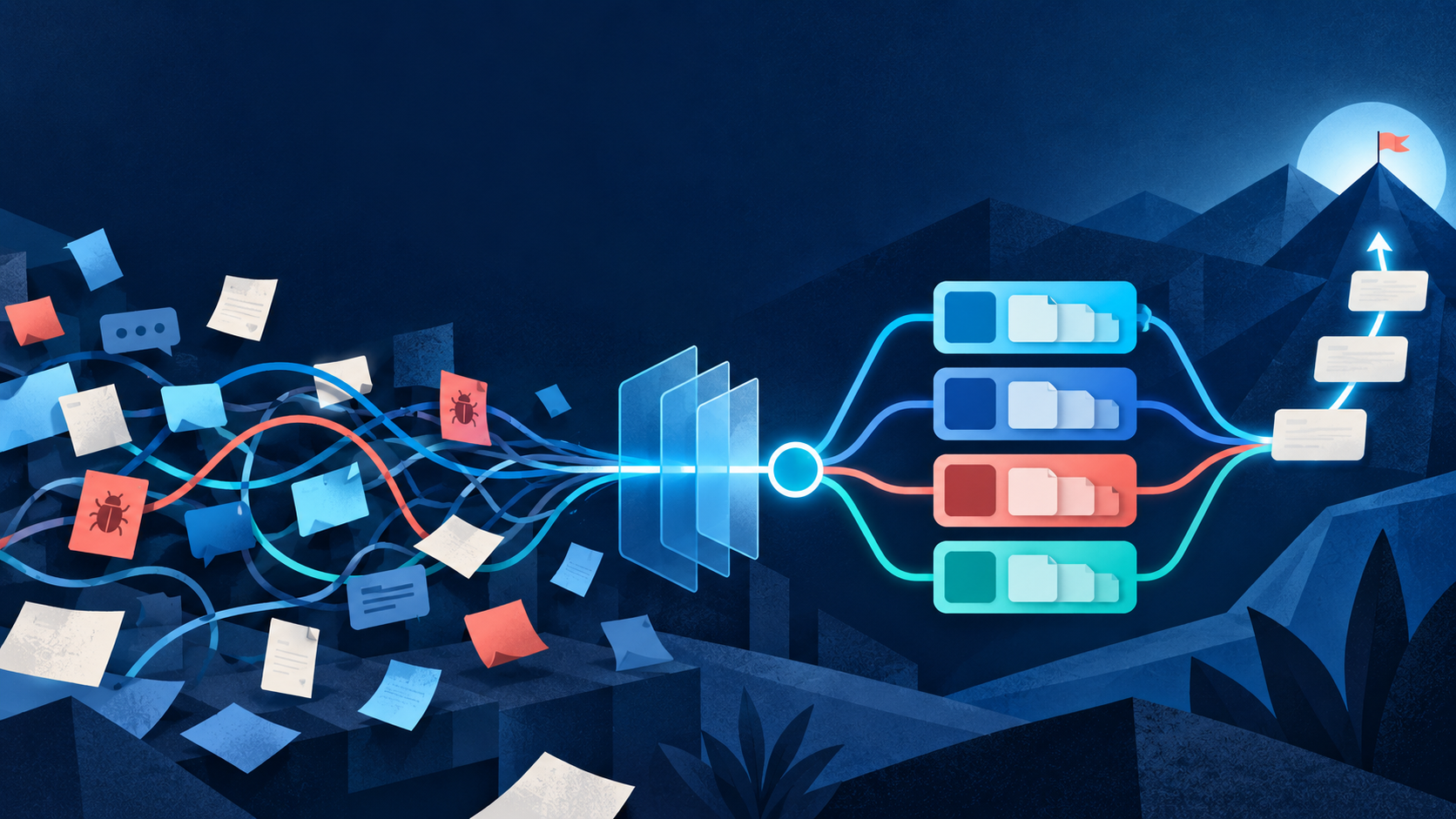 An editorial illustration showing scattered work becoming an organised backlog hierarchy and delivery roadmap.